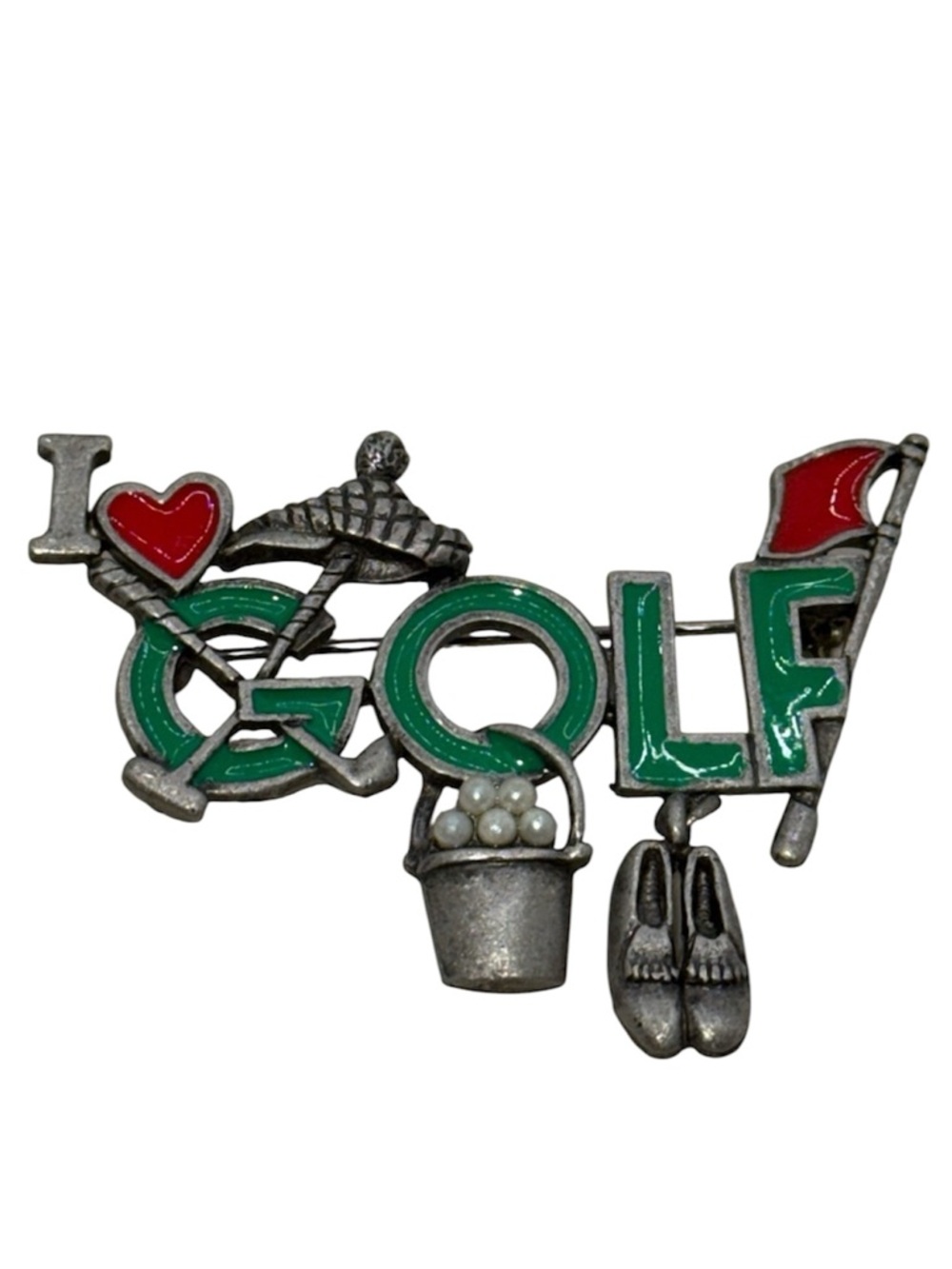AJC I Love Golf Pin Brooch w Dangling Shoe Charm Green Red Enamel